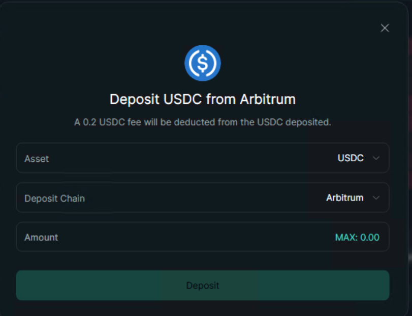 Hyperliquid USDC deposit form with Arbitrum selected